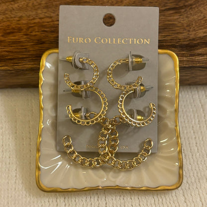 Gold Chain Link Hoop Earring Set of Three Pair