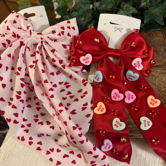 Valentine’s Day Hair Bow with French Clip 11” L