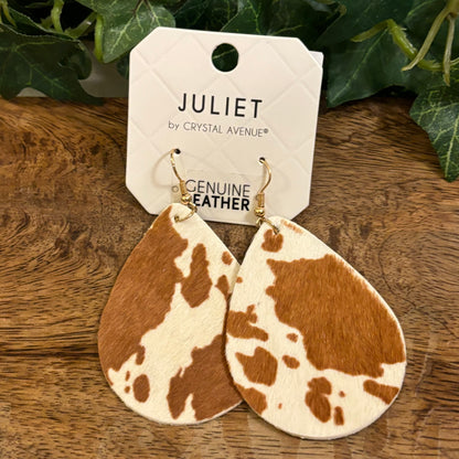 Brown Cow Print Leather Earrings on Gold Metal