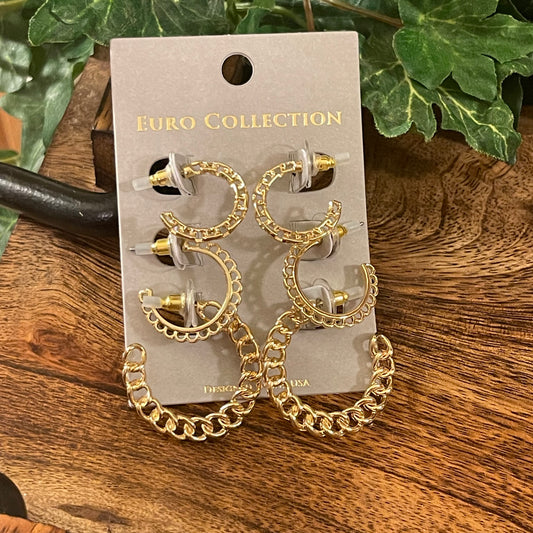 Gold Chain Link Hoop Earring Set of Three Pair