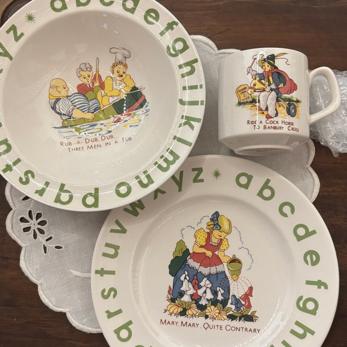 Vintage Glo-stone 3pc Set Alphabet Nursery Rhyme