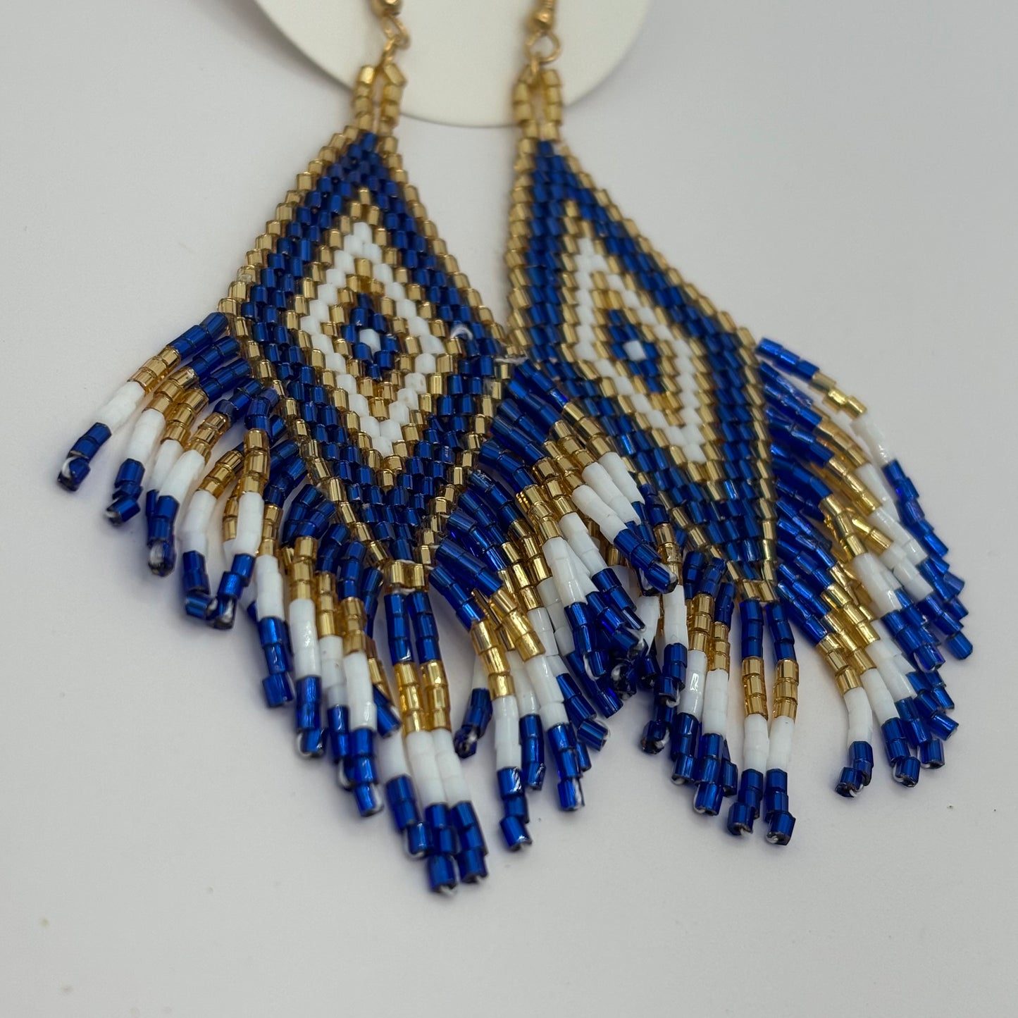 Blue & Gold Seed Bead Fringe Dangle Earrings