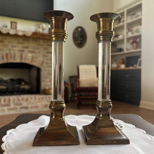 Pair of Brass and Lucite Candlesticks
