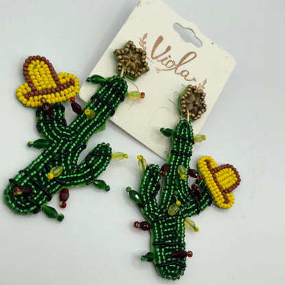 Christmas Statement Seed Bead Drop Earrings ~ Cowgirl Cactus • Cactus with Lights