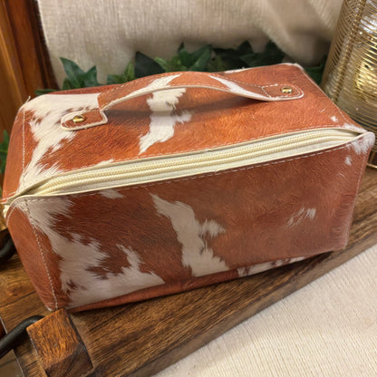 Brown Cow Print Zippered Cosmetic Bag