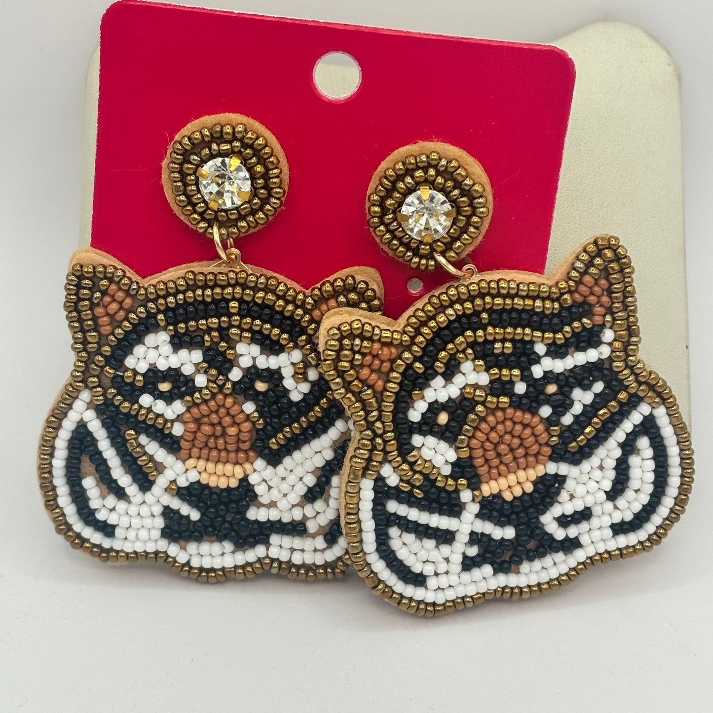 Tiger Face Seed Bead Statement Post Back Earrings