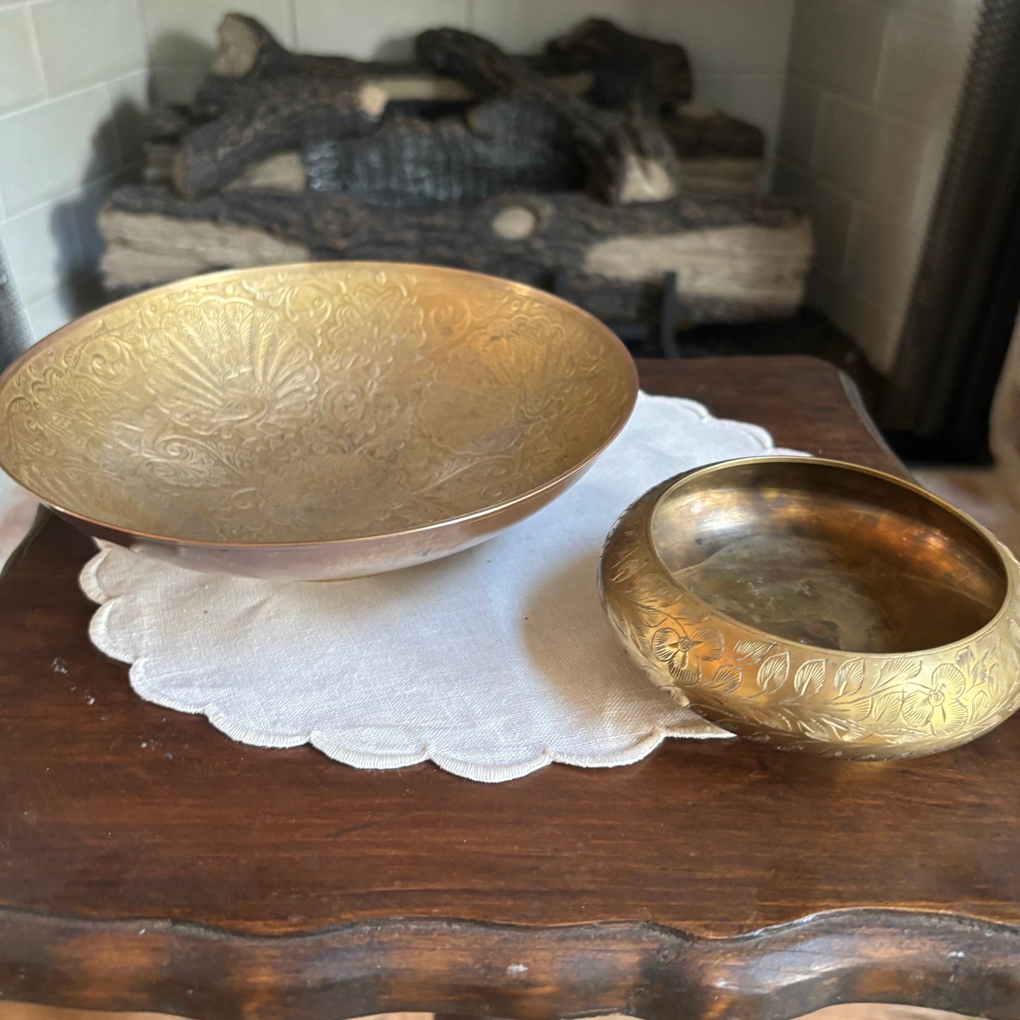 Solid Brass Peacock Etched Bowl or Floral Etched Bowl