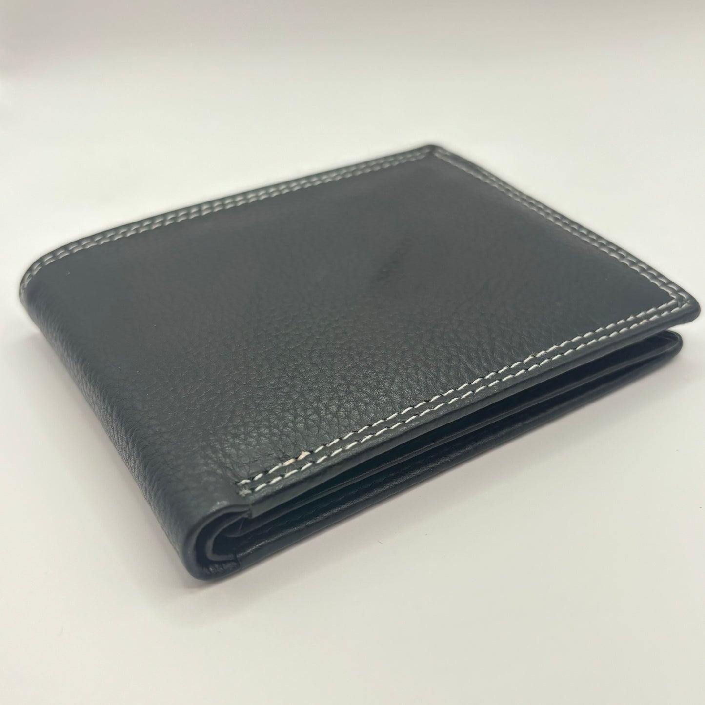 Men’s Black Genuine Leather Bifold Wallet with White Threading