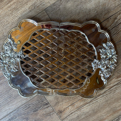 Vintage Silver-Plated Royal Doulton Old Country Rose Expandable Lattice Trivet Tray