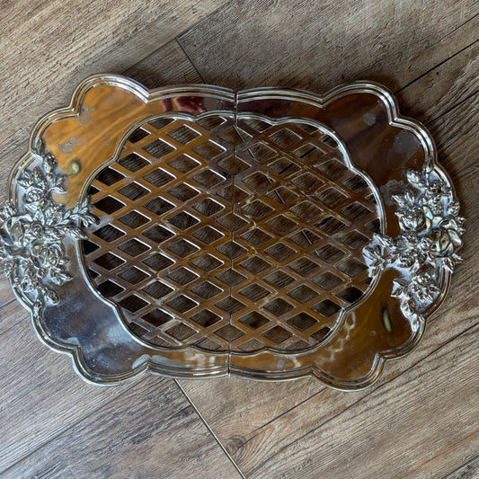 Vintage Silver-Plated Royal Doulton Old Country Rose Expandable Lattice Trivet Tray