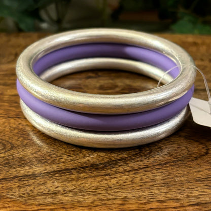 Bracelets - Worn Gold • Silver • Worn Silver/Purple Metal Bangle Bracelets ~ Set of 3