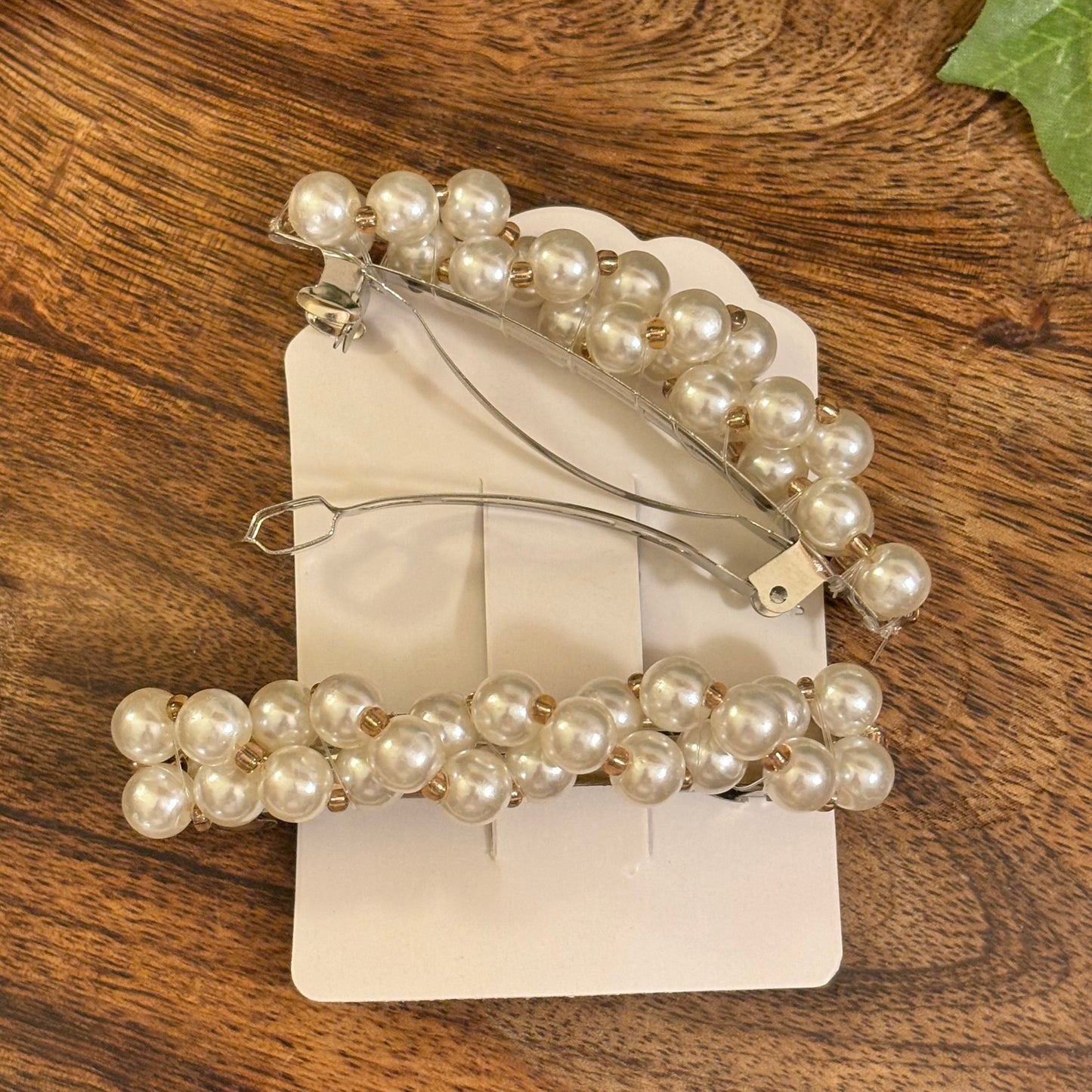 Beaded Pearl or Pearl and Gold French Clip Barrette Set of 2