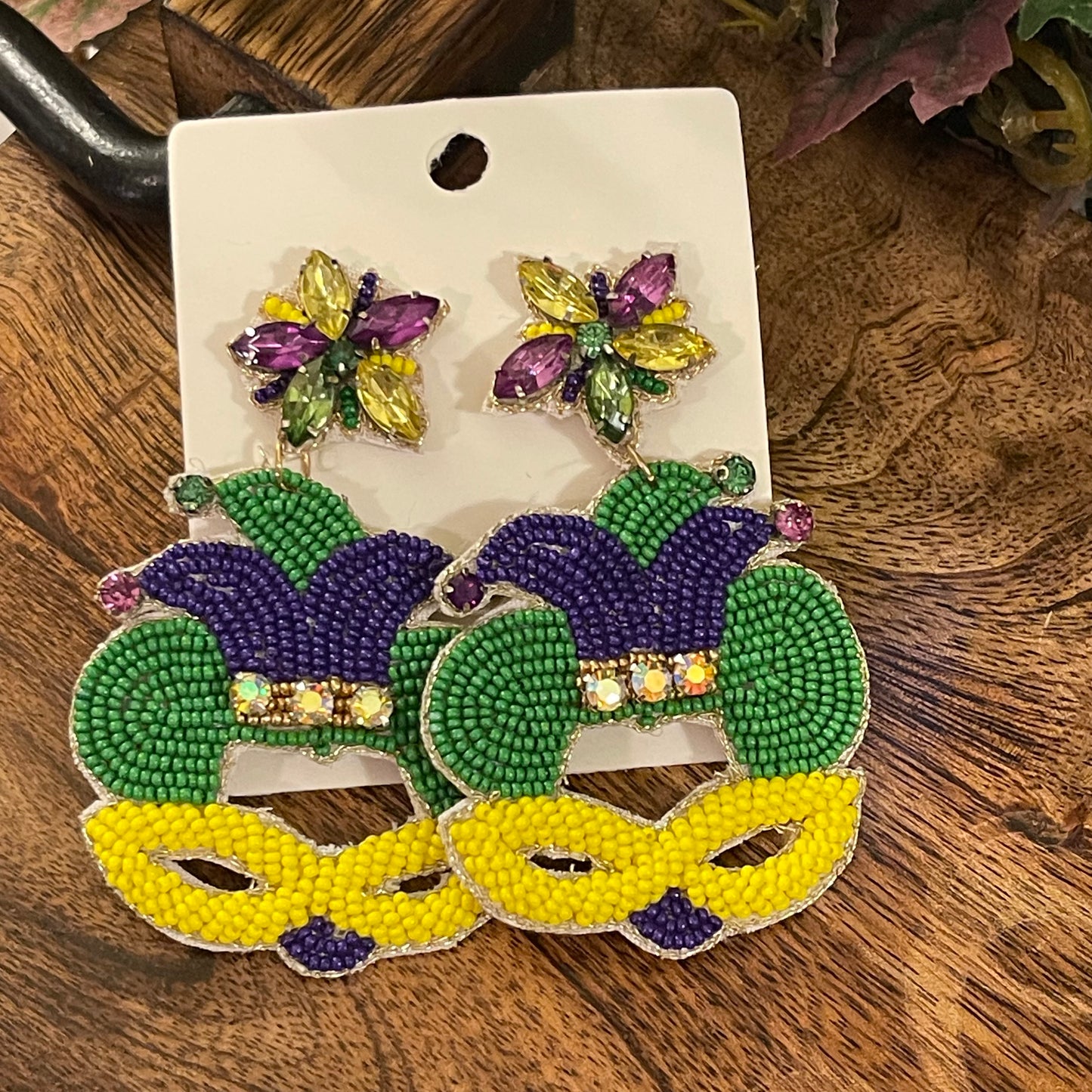 Mardi Gras Seed Bead Drop Earrings Smile Face • King Cake • Mask