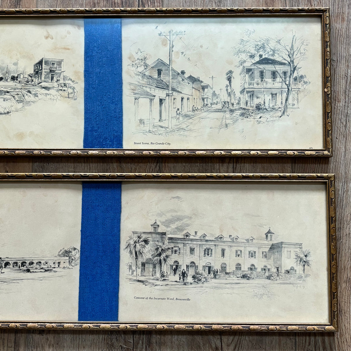 Pair of Framed Panoramic Prints Featuring Architectural Sketches of Historic Texas
