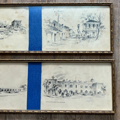 Pair of Framed Panoramic Prints Featuring Architectural Sketches of Historic Texas