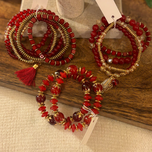 Bracelets - Red and Gold Accent Stretch Bracelet Set