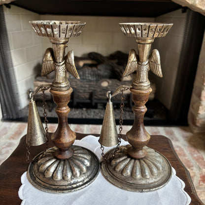 Set of 2 Vintage Dilly Wood and Metal Eagle Candle Holder with Snuffer on Chain