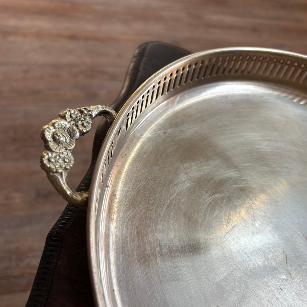 Brass Tray with Floral Embossed Handles