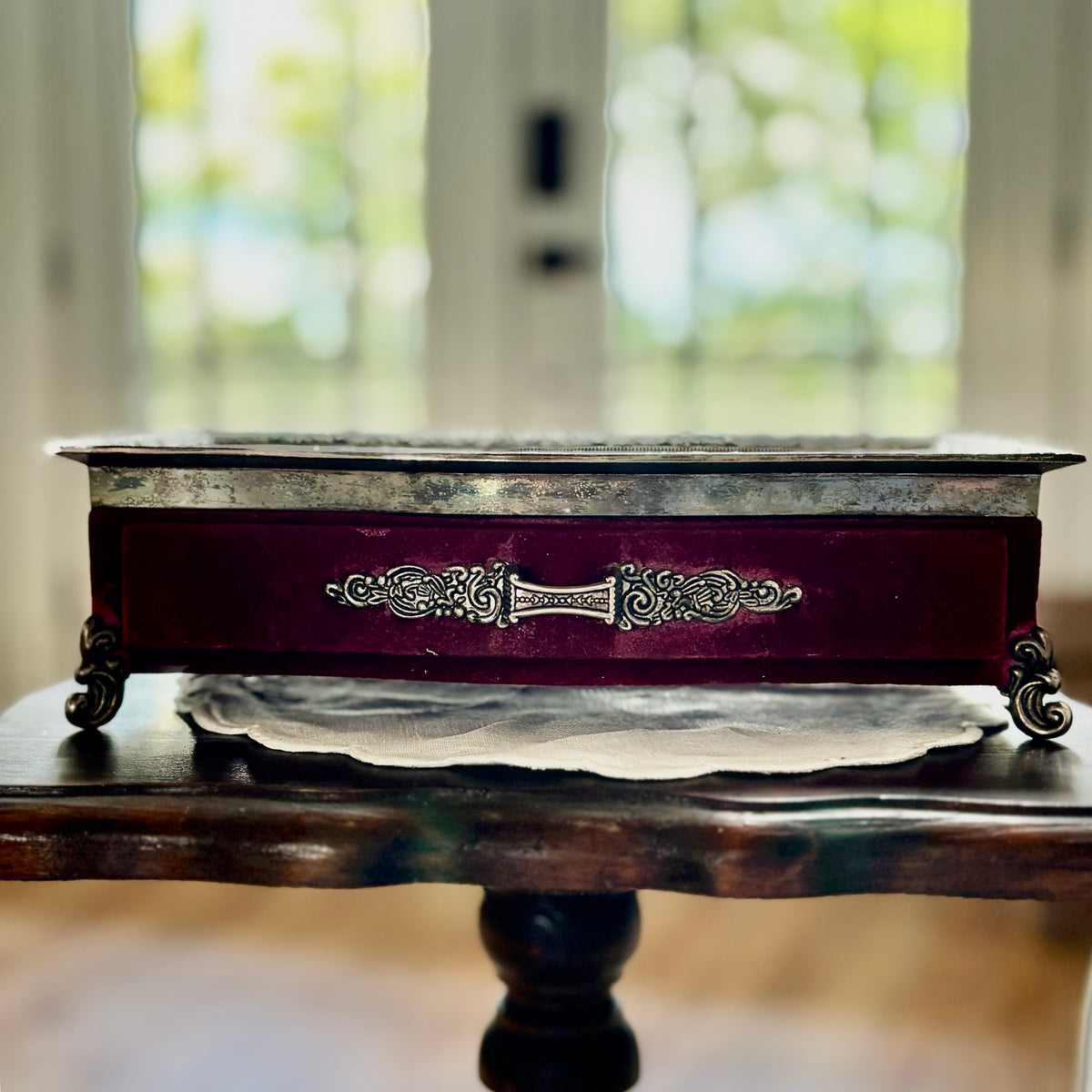 Vintage Red Velvet Footed Hollywood Regency Style Vanity Dresser Jewelry Box