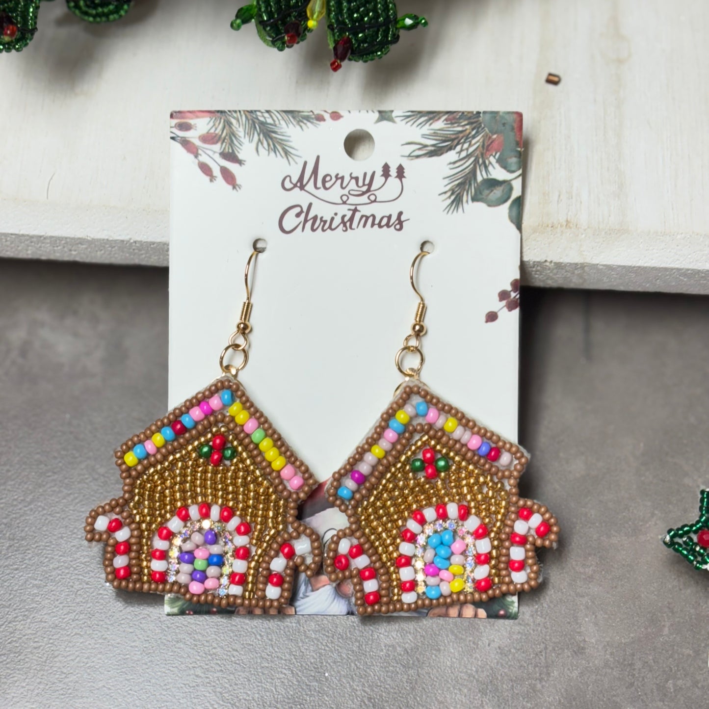 Christmas Statement Seed Bead Post Back Earrings Gingerbread