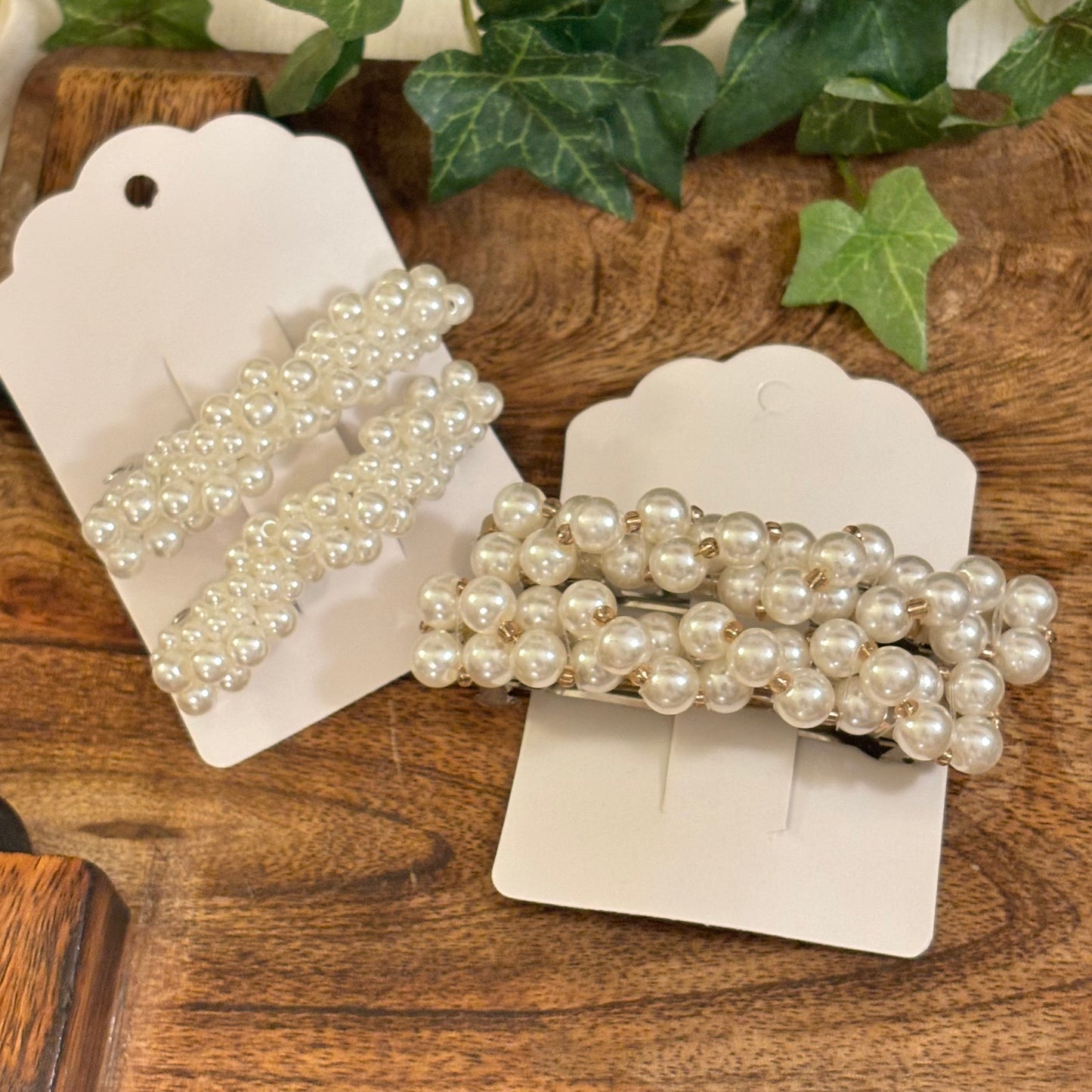 Beaded Pearl or Pearl and Gold French Clip Barrette Set of 2