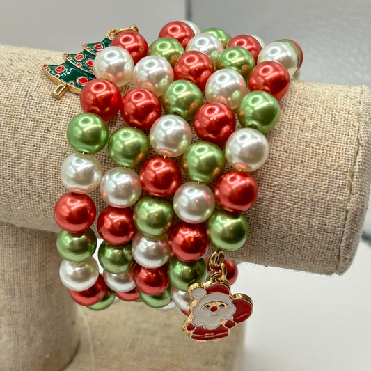 Christmas Wrap Bracelet Featuring Red, Green, White Beads with Santa & Christmas Tree Charms