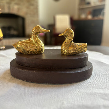 Small Brass Ducks on Wood Surface