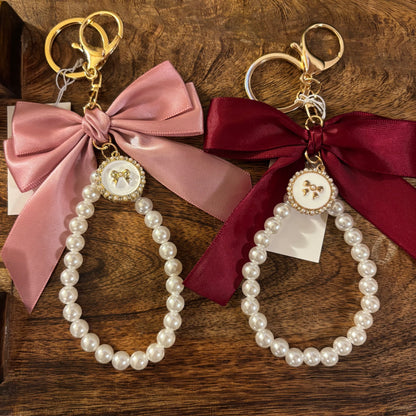 Fabric Bow And Pearl Keychain with Bow Charm or All Pearl Keychain