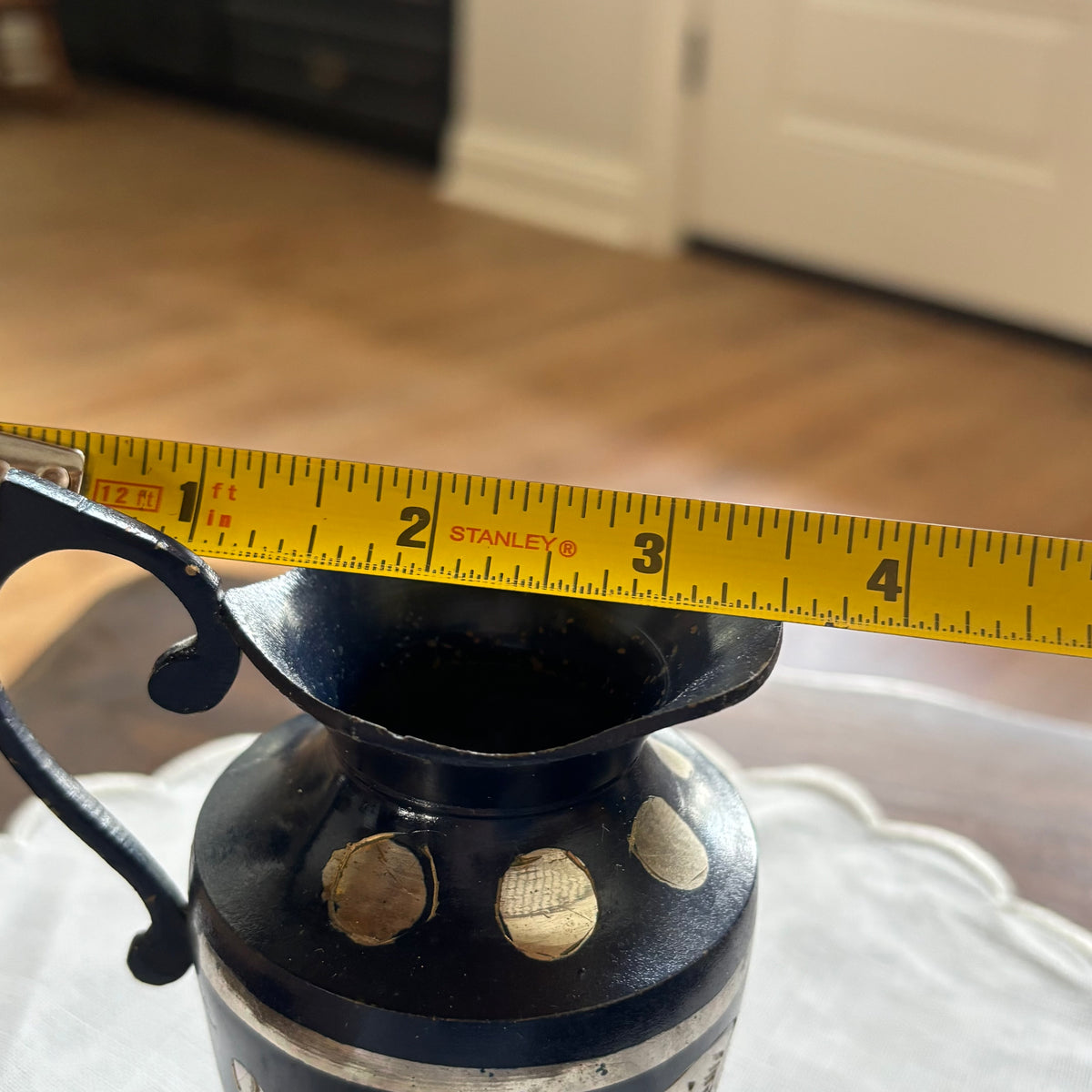 Brass Pitcher Etched Floral Design in Navy and Gold Color