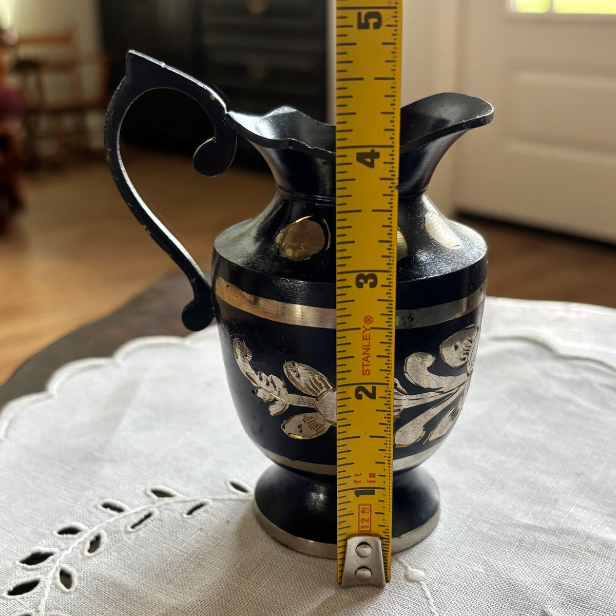 Brass Pitcher Etched Floral Design in Navy and Gold Color