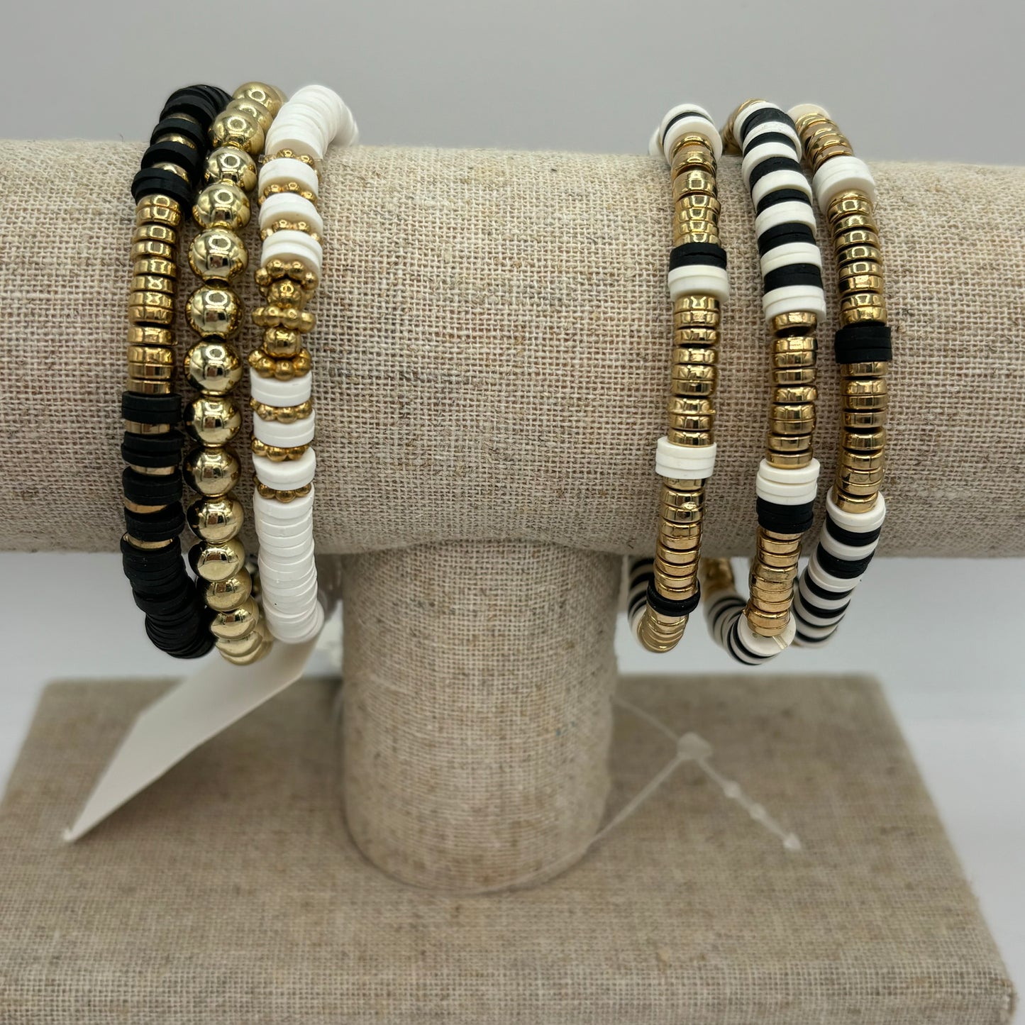 Black Multi Colored Heishi Bead With Gold Stretch Bracelet Set