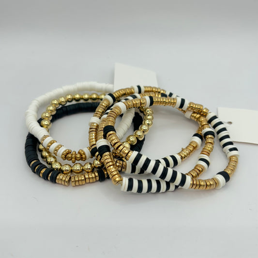 Black Multi Colored Heishi Bead With Gold Stretch Bracelet Set