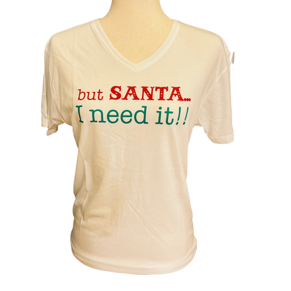 “But Santa” V-Neck T-Shirt   For Women White/Red/Dark Green