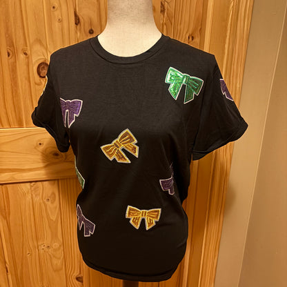 Mardi Gras Sequin Bow Knot Graphic T Short Sleeve Shirt