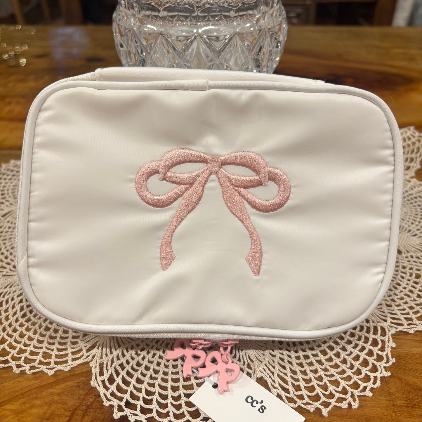 Cosmetic Bag Featuring Embroidered Pink Bow
