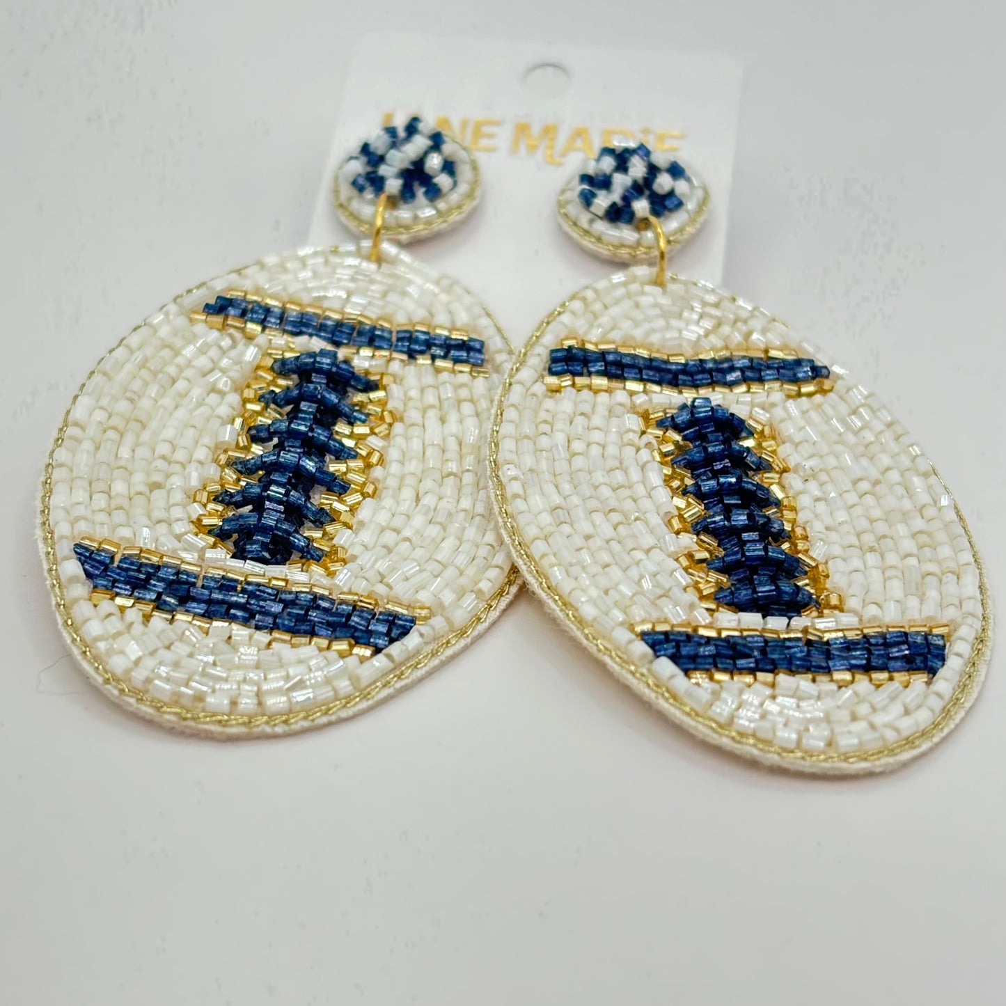 Navy and Ivory Football Earrings with Navy Ivory Gold Seed Bead