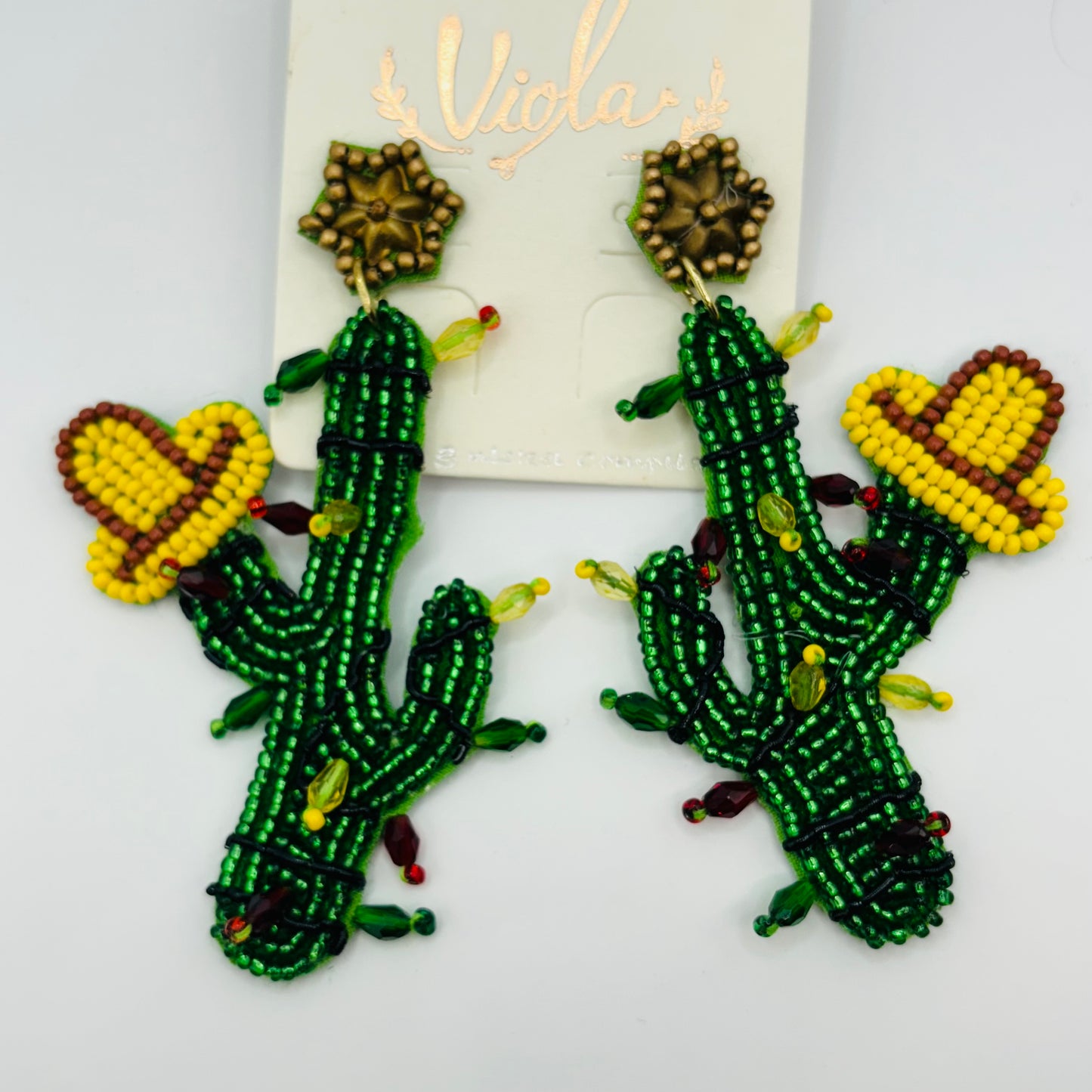 Christmas Statement Seed Bead Drop Earrings ~ Cowgirl Cactus • Cactus with Lights