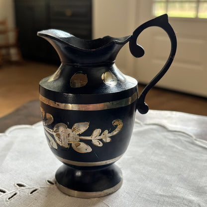 Brass Pitcher Etched Floral Design in Navy and Gold Color