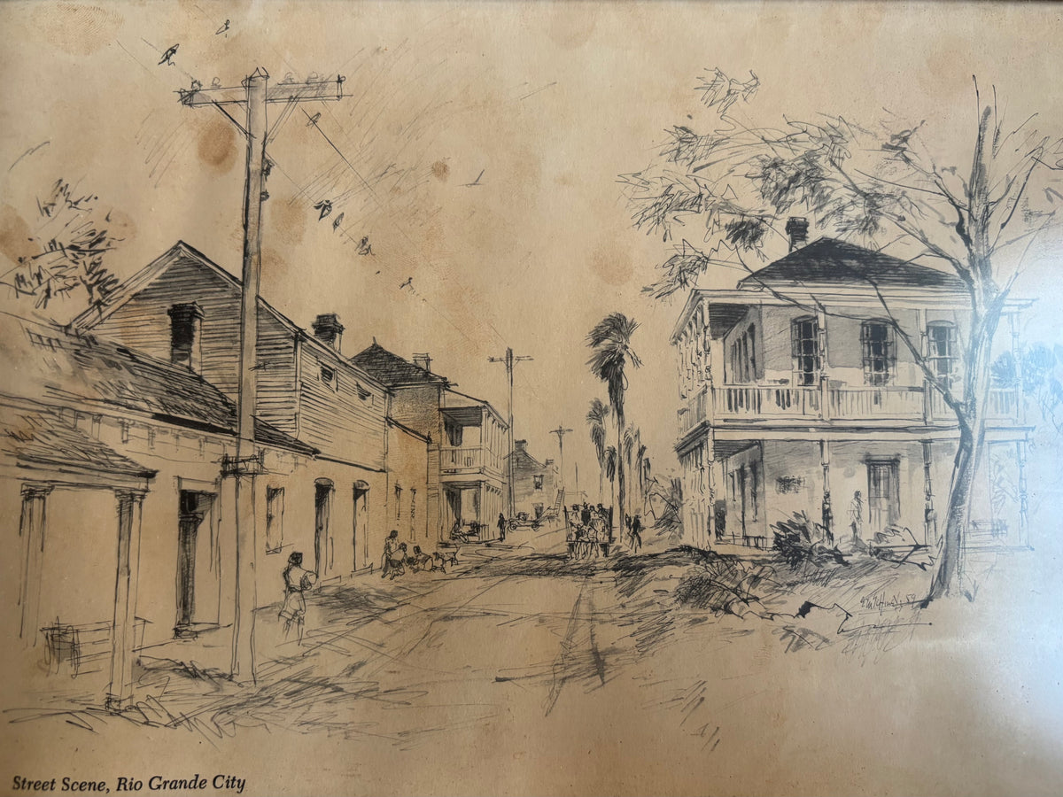 Pair of Framed Panoramic Prints Featuring Architectural Sketches of Historic Texas