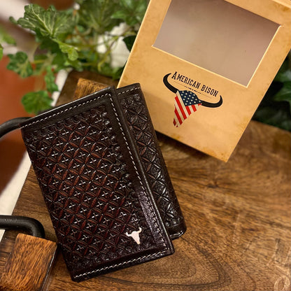 American Bison Tooled Leather Trifold Wallet with Floral Pattern