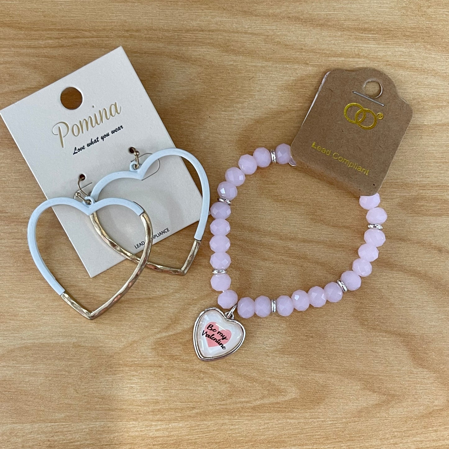 Valentine’s Day: White And Gold Dangle Heart Earrings or “Be Mine” Bracelet