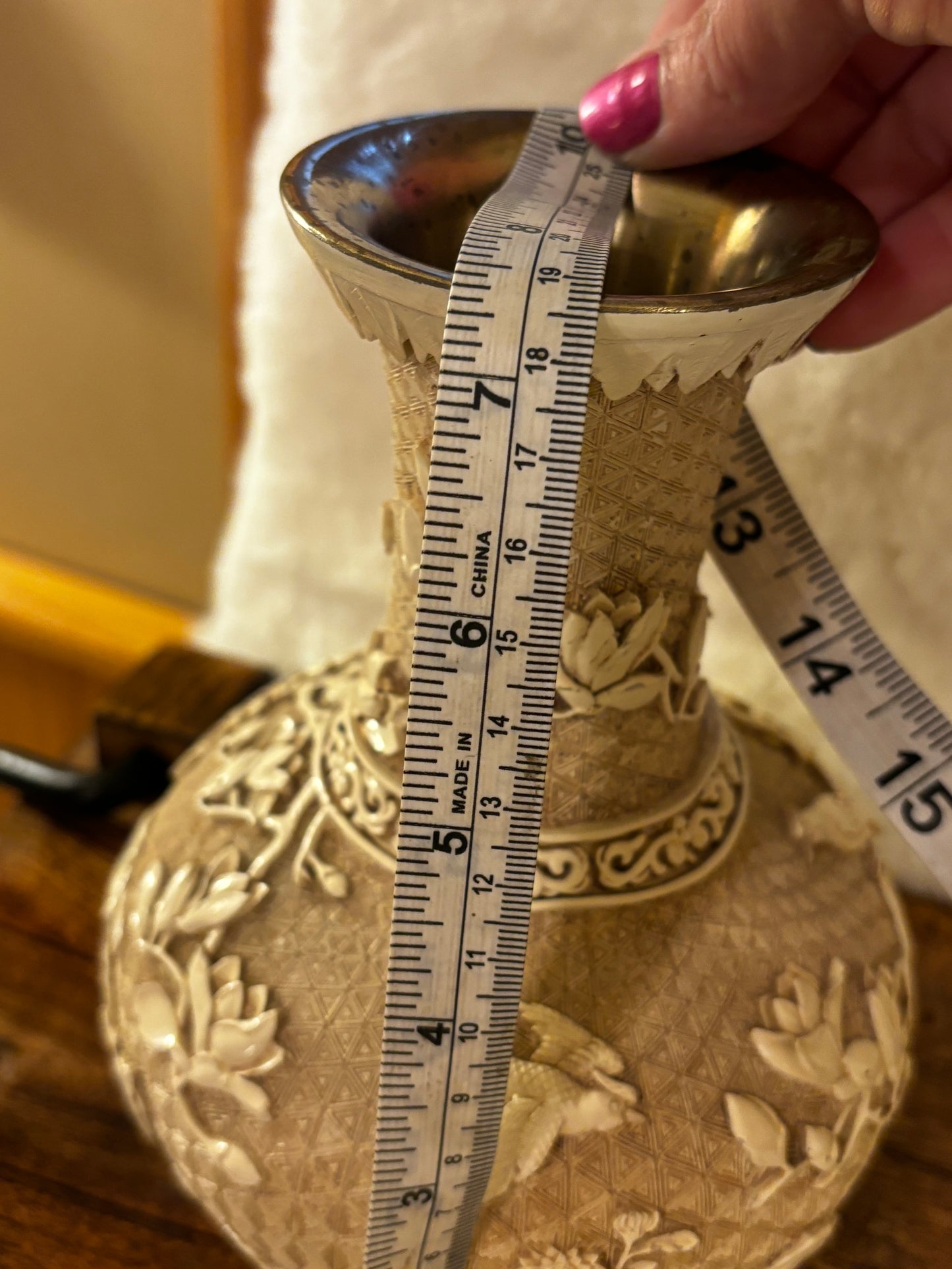 Vintage Ivory Carved Resin on Brass Vase Birds