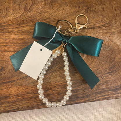 Green Fabric Bow & Pearl Keychain with Bow Charm