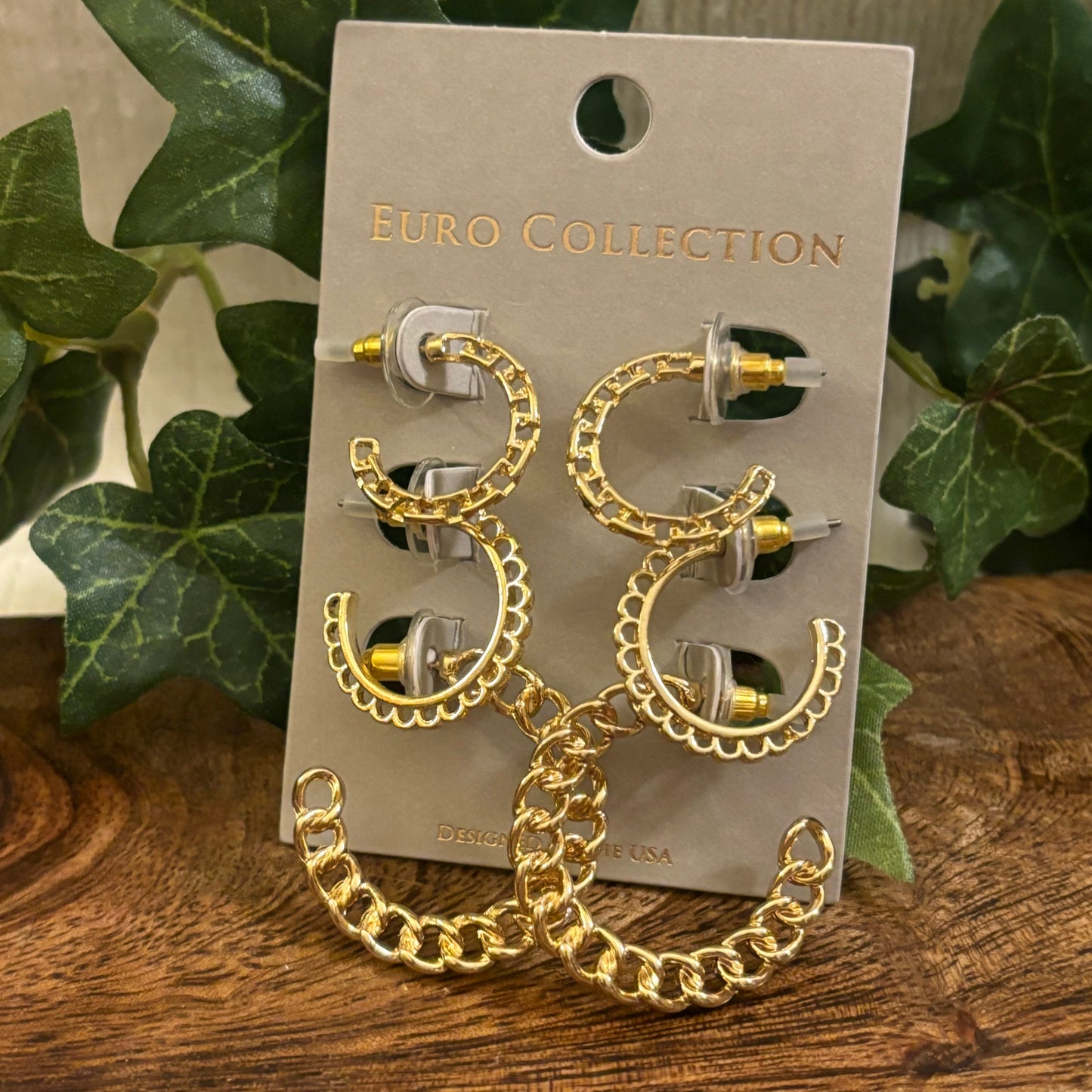 Gold Chain Link Hoop Earring Set of Three Pair