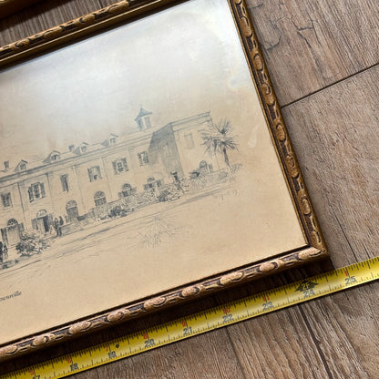Pair of Framed Panoramic Prints Featuring Architectural Sketches of Historic Texas