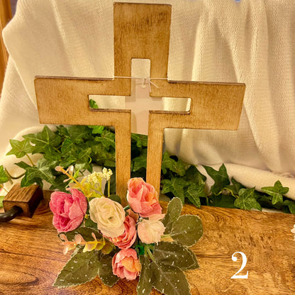 Handmade Stained or Chalk Painted Wooden Cross with Floral Arrangement at Base