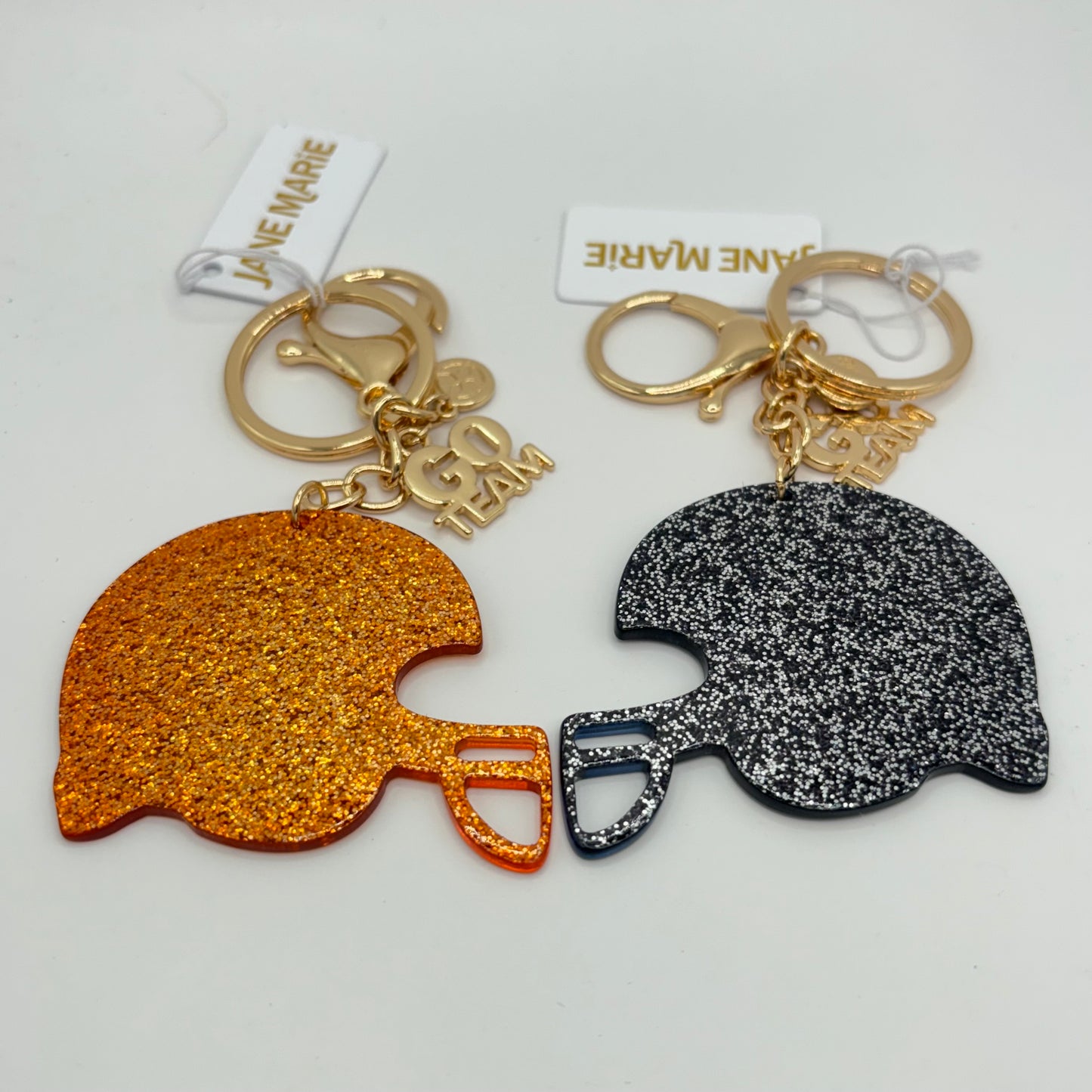 "GO TEAM" Charm and Navy or Gold Glitter Football Helmet Keychain