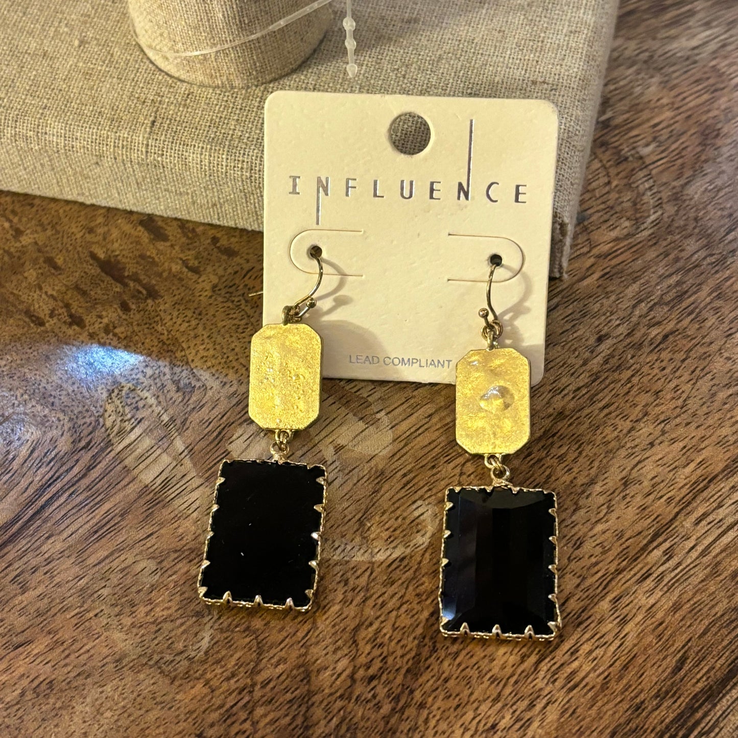 Hammered Gold Metal Dangle Earrings with Black Stone