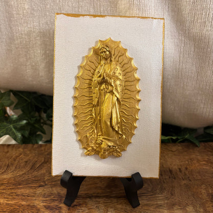 Hand Casted Gold Virgin Mary on 4” x 6” x .5” Canvas & Easel