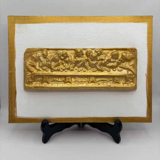 The Last Supper Hand Casted in Gold on 8” x 6” Canvas & Black Wooden Easel